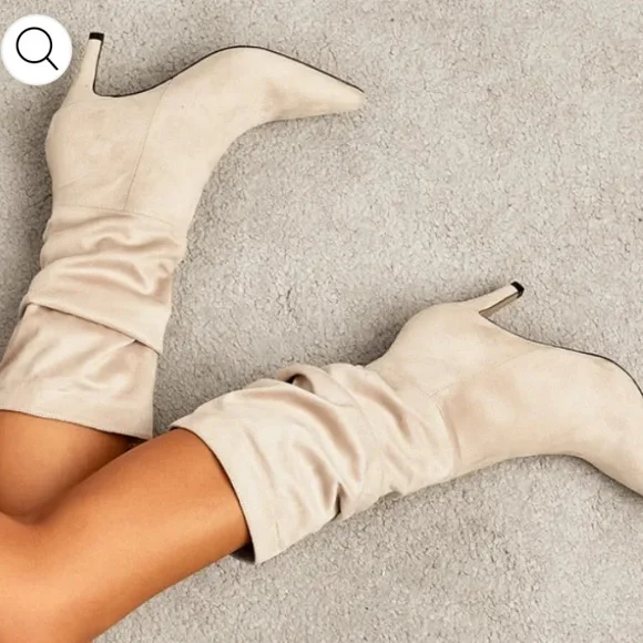 NWT‎ Newbella Slouchy Ivory Heeled Suede Boots - Picture 8 of 8